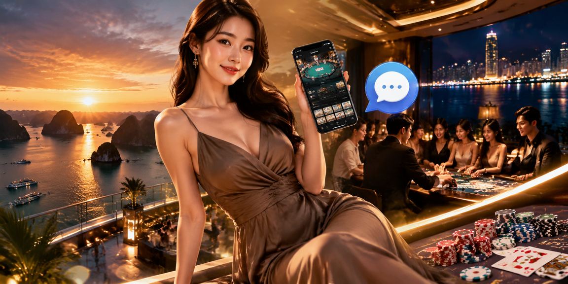 Người chơi thư giãn với cốc cà phê bên vịnh Hạ Long trong khi tham gia trò chơi bài trực tuyến