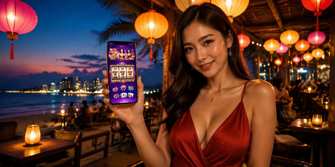 Người dùng trải nghiệm casino di động tại chợ đêm Hội An dưới ánh đèn lồng rực rỡ
